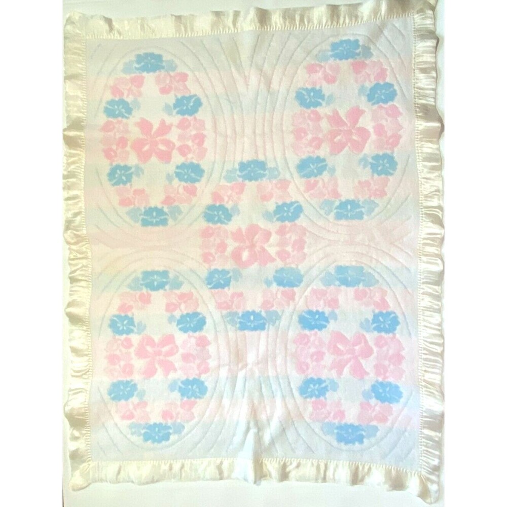 Vintage Pink + Blue Floral Baby Crib Acrylic Blanket Satin Trim 36"×45"